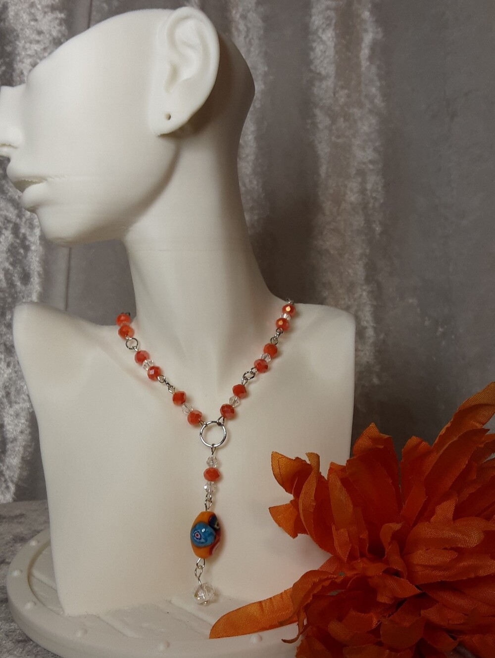 Handmade Orange Bead Y-Necklace with Glass Pendant